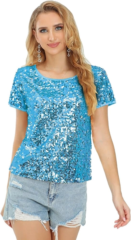 Womens Full Sequin Sparkle Tops Shimmer Glitter Round Neck Short Sleeve Shirt Summer Disco Party Tee Shirts Tunic Blouse