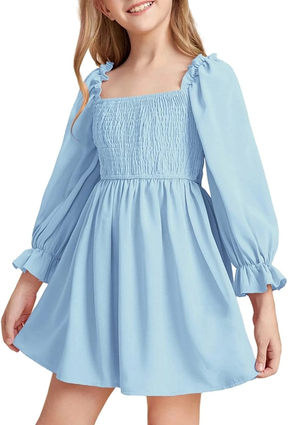 Little Girls Kids Summer Chiffon Ruffle Mini Dress Square Neck Lantern Sleeve Short Dress Tulle Smocked