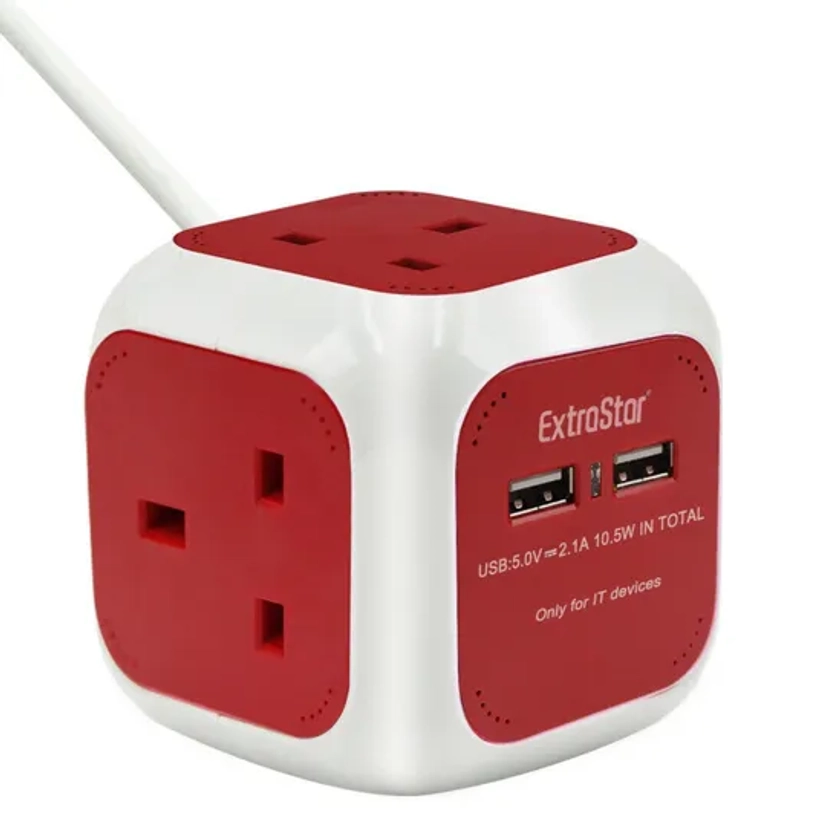 Appliance Power Cords | 4 Gang Cube Extension Lead with 2 USB Ports 1.4M Cable | ExtraStar