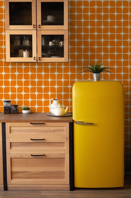 Orange rétro vif Fonds d'écran Autocollant, vinyle, décoration murale traditionnelle, amovible et adaptée aux locataires, design botanique, mur floral - Etsy France
