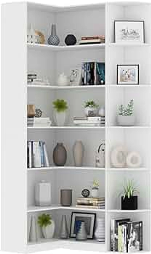 Loomie White Book Shelf, 6 Tiers Shelf Large Tall Corner Etagere Bookcase with Full Baffle, L-Shaped Modern Storage Display Industrial Bookshelves for Bedroom, Home Office, Living Room & Kitchen
