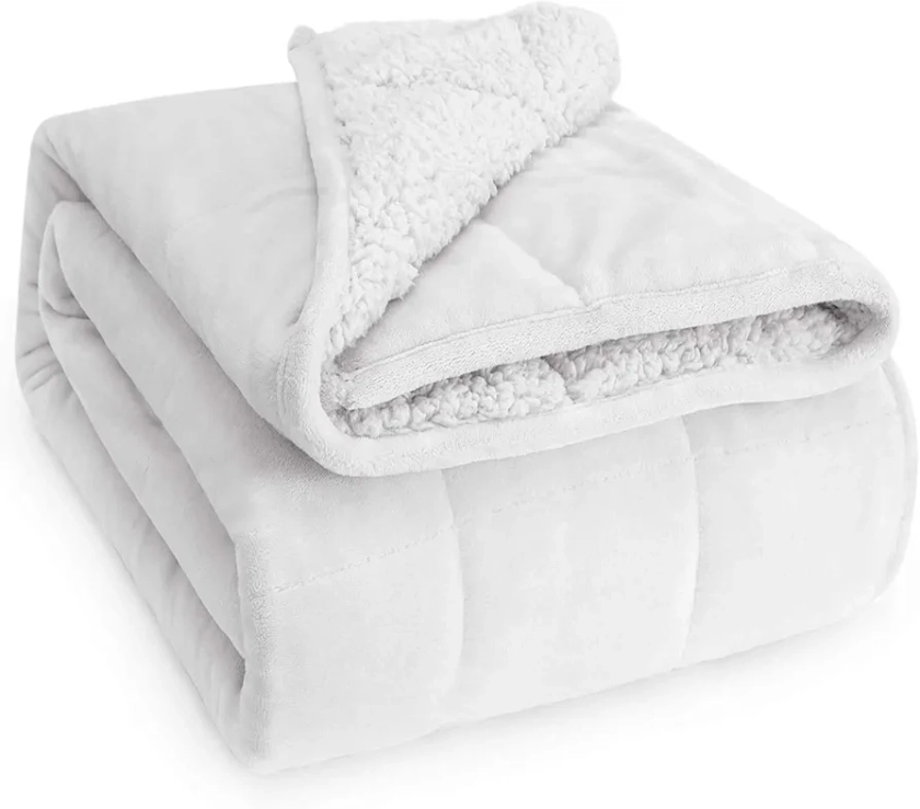 Sivio Sherpa Fleece Weighted Blanket for Adult, 15lbs Heavy Fuzzy Throw Blanket with Soft Plush Flannel, Reversible Queen Size Super Soft Extra Warm Cozy Fluffy Blanket, 60x80 Inch Dual Sided White