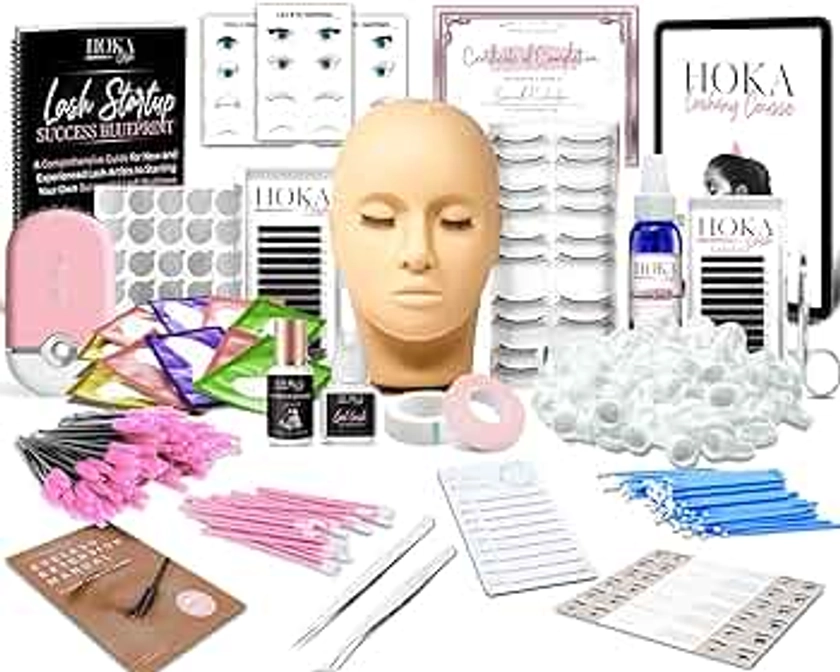 Hoka Lash Eyelash Extension Kit & Training Course and Certification, Professional Lash Extension Kit for Beginners Includes Practice Mannequin Head, Lash Trays, Glue, Tweezers, Fan & More