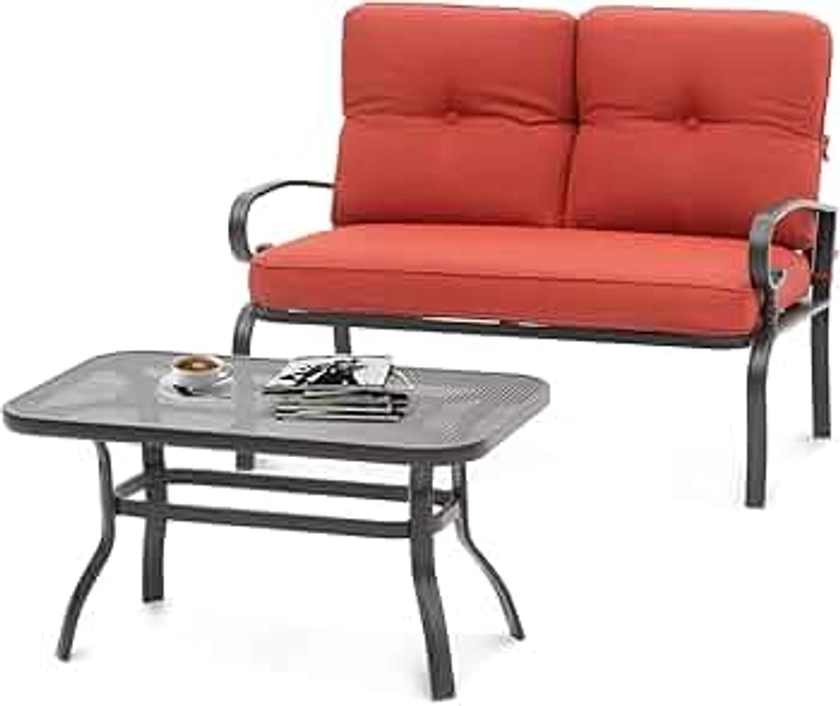 SOLAURA Outdoor Loveseat Set Patio Outdoor Furniture 2 Piece Wrought Iron Frame Red Cushions Bench Sofa with Coffee Table