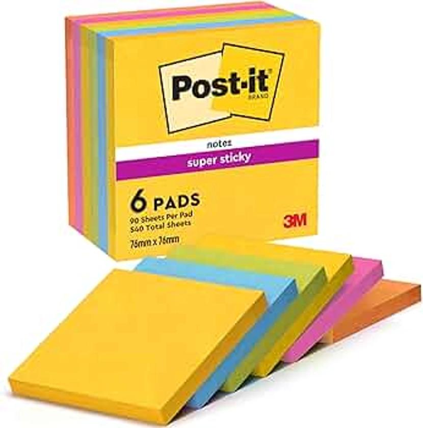 Post-it Super Sticky Notes, Stick Longer Without Falling, 76 mm x 76 mm, 6 Pads, 540 Sheets, Yellow, Blue, Green, Pink, Orange Colors - Self-Sticking Notes for Walls, Monitors and Fridge