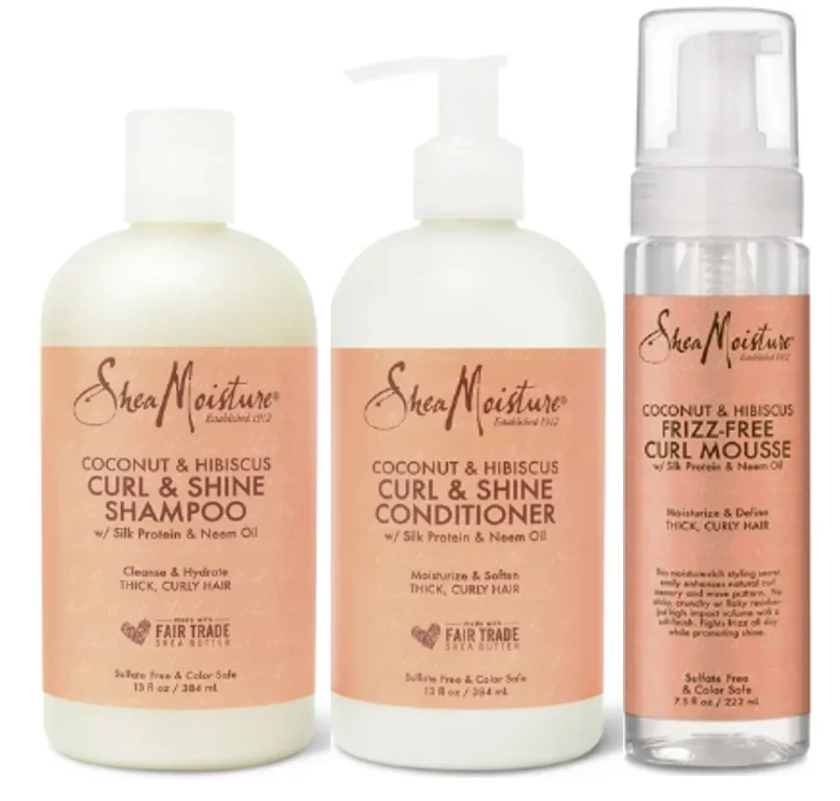 SheaMoisture Curl Shine Shampoo Conditioner Frizz Control Styling Mousse Set Coconut Hibiscus, 13 oz