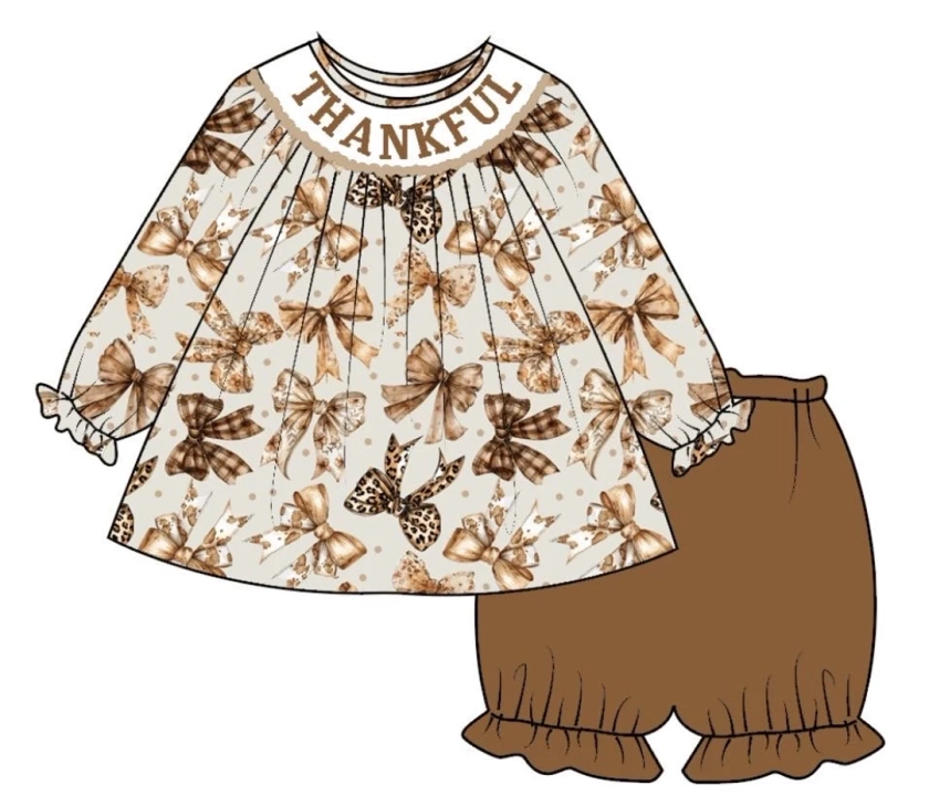 Embroidered & Smocked Fall Bows Thankful Bubble Outfits and Bloomer Sets