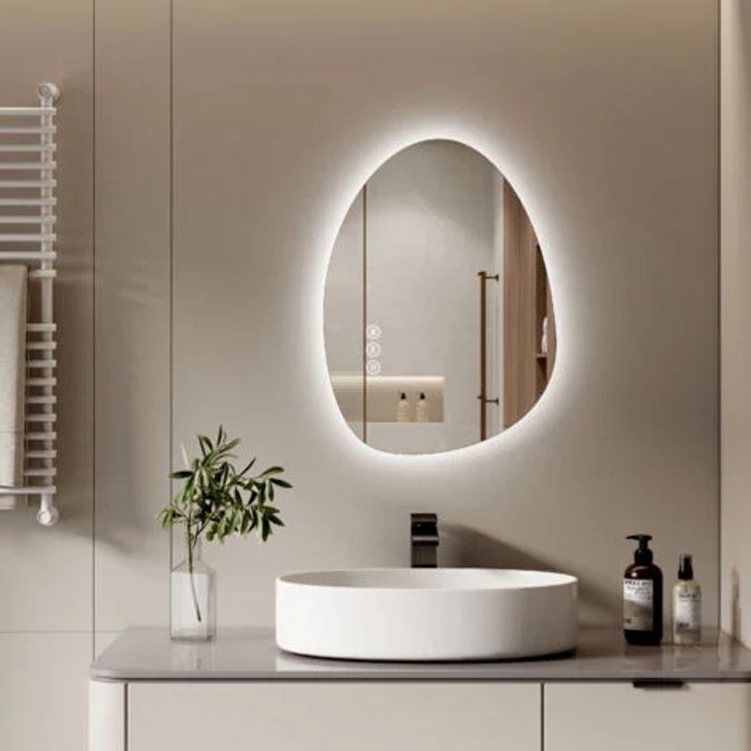 S'AFIELINA Miroir lumineux de salle de bain avec interrupteur tactile, 3 couleurs de lumière et luminosité réglable, anti-buée - asymétrique 60×45cm