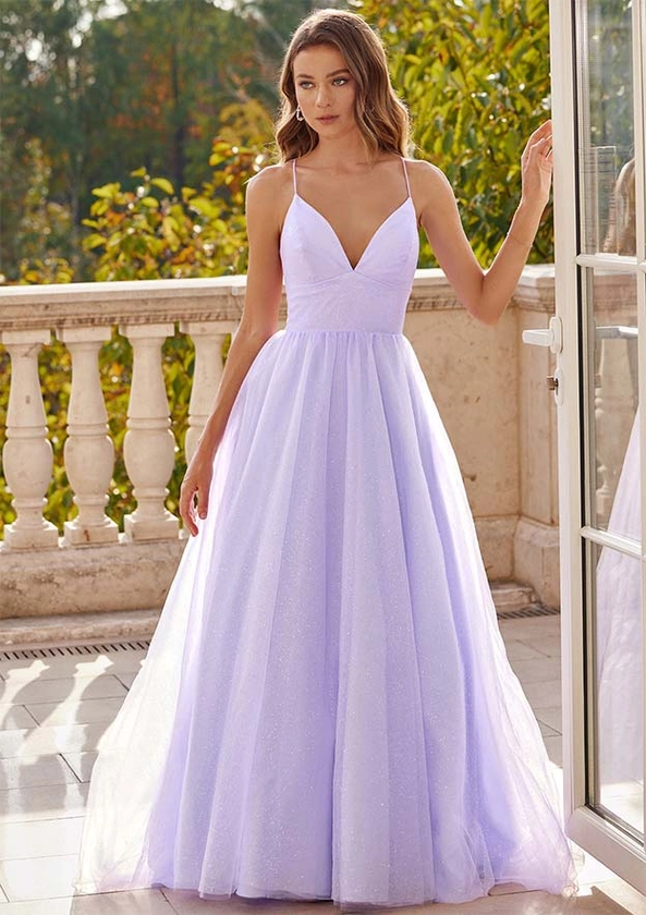 A-line Tulle Prom Dress V Neck Sweep Train with Pockets Glitter
