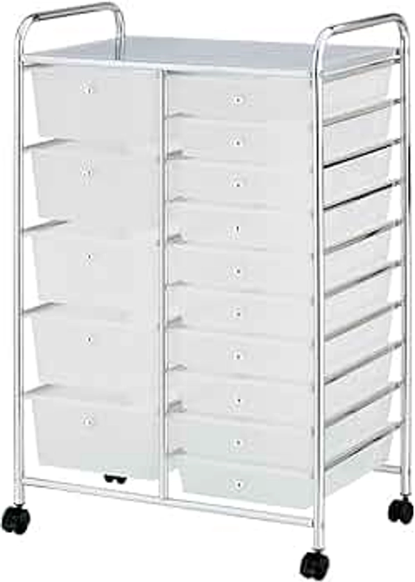 15 Drawer Rolling Storage Trolley - Home, DIY, Makeup, Kitchen, Bathroom, Salon, Beauty, Office, Stationary Organiser - Top Shelf with Rolling Wheels - Translucent Finish (White) : Amazon.co.uk: Home & Kitchen