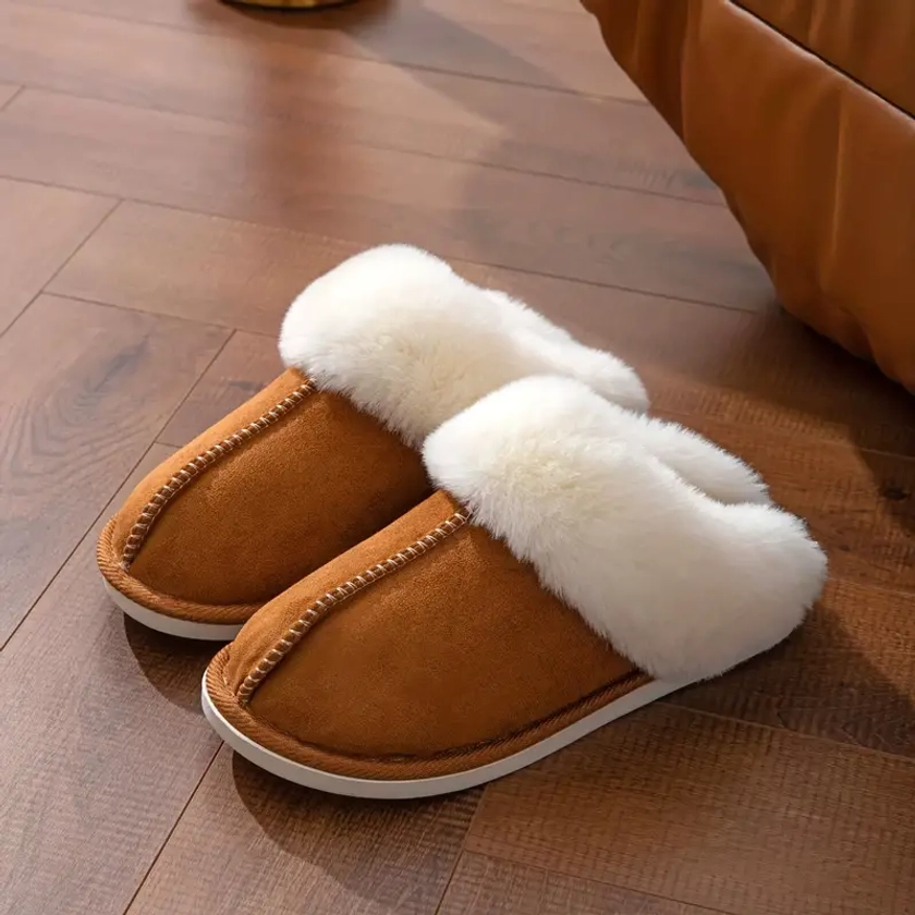 Solid Indoor Warm Plush Anti-skid Home Slippers For Household, Autumn And Winter