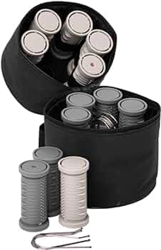 Nicky Clarke Classic Compact Rollers Heated 25 mm Travel Set of 12, Ionic Self Grip with Pin Clips, Grips and Zip Storage Bag - NHS007, Grey (NHS007)