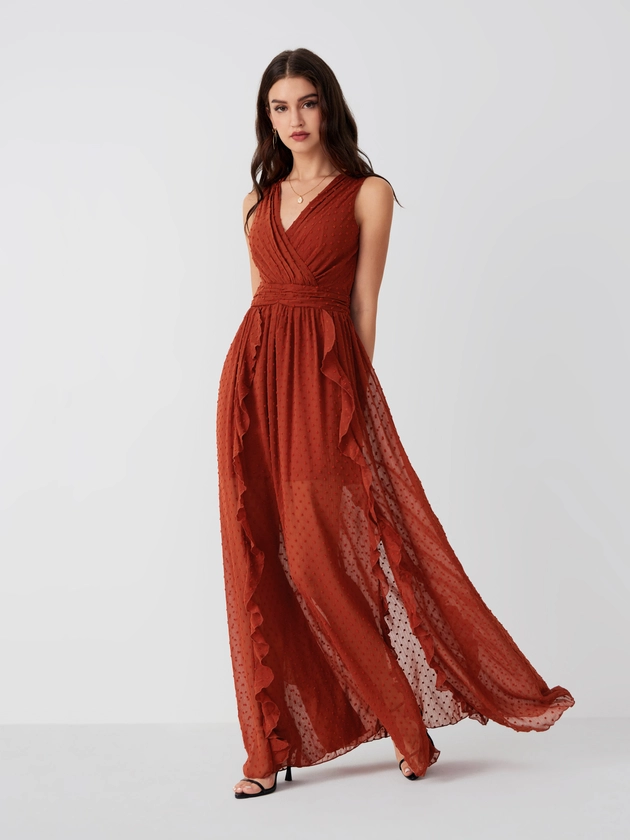 V-neck Ruffle Hem Maxi Dress