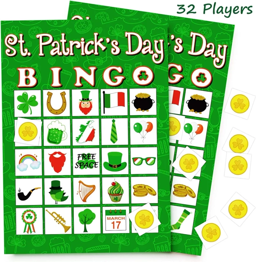 Moon Boat 32 Players St. Patrick’s Day Bingo Game Shamrock Party Favors/Supplies