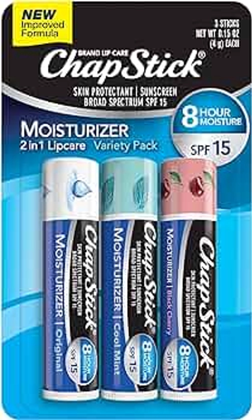 ChapStick Moisturizer Original, Black Cherry and Cool Mint Lip Balm Tubes Variety Pack, SPF 15 and Skin Protectant - 0.15 Oz (Pack of 3)