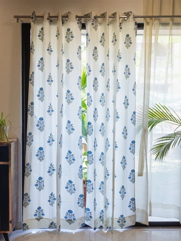 Urban Space Floral White & Blue Cotton 5 ft Window Curtains - Set of 2