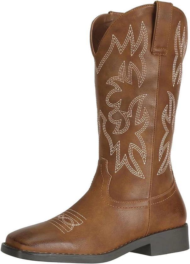SheSole Women's Mid Calf Square Toe Cowgirl Western Cowboy Boots Brown