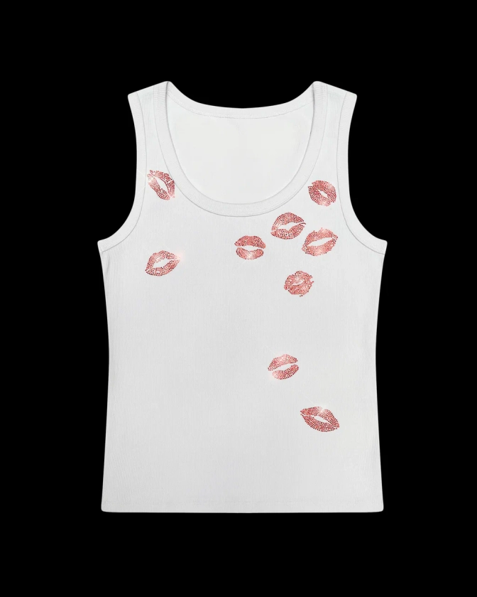 KISSES RHINESTONE RIBBED TANK WHITE