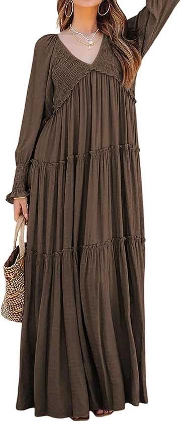 R.Vivimos Maxi Dress for Women Long Sleeve V Neck Empire Waist Layered Ruffle Boho Casual Flowy Long Dresses