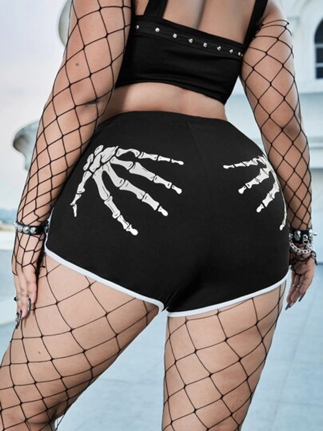 Plus Skeleton Hand Print Contrast Binding Shorts