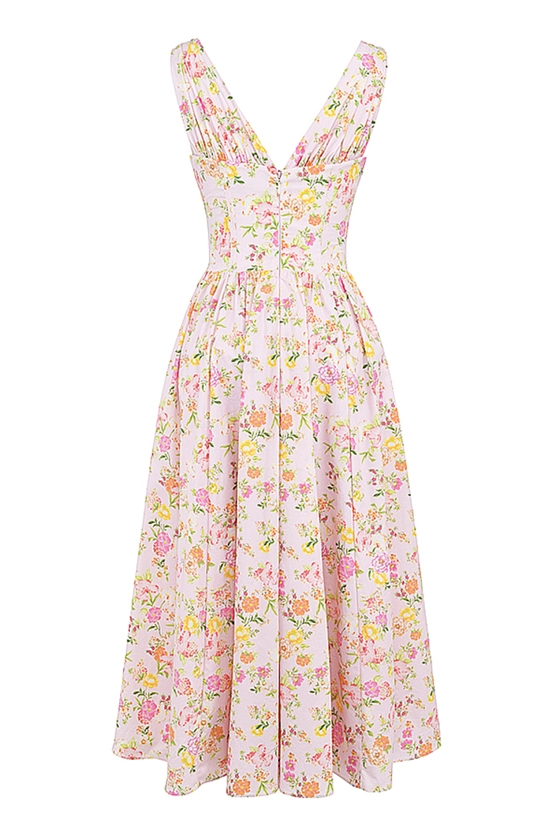 Clothing : Midi Dresses : 'Emmelina' Pink Meadow Print Cotton Corset Sundress