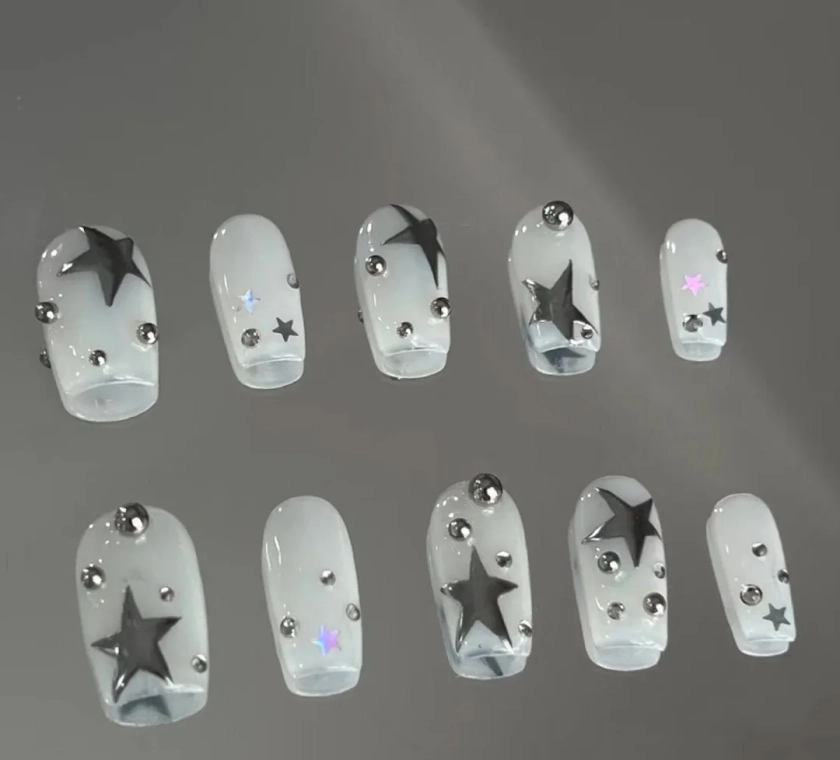 silver star y2k aespa nails / hand painted nail /custom press on nails/ hand made Press on Nails/Faux Acrylic Nails/ y2k Nail