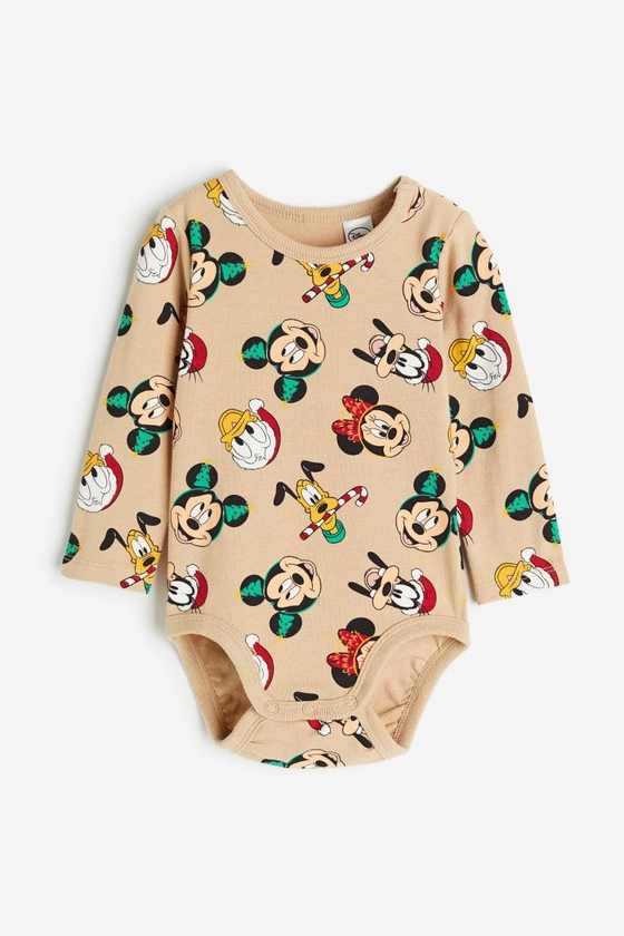 Patterned Long-sleeved Bodysuit - Beige/Mickey Mouse - Kids | H&M CA