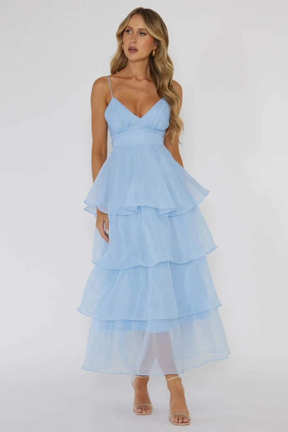 Made For You Tiered Ruffle Midi Dress Blue