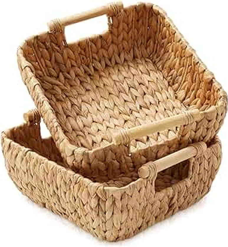 Casafield Set of 2 Water Hyacinth Oval Storage Baskets with Wooden Handles - Small, Woven Bin Organizers