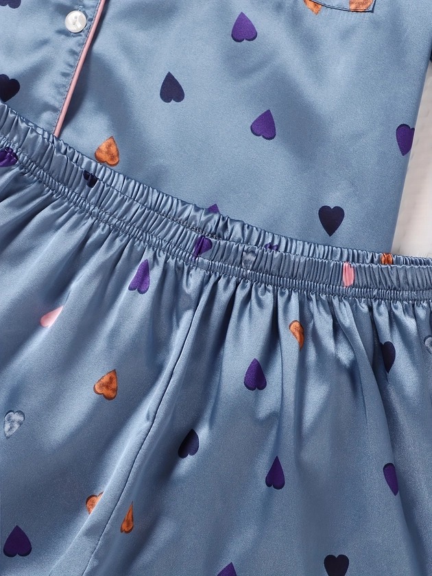 Colorful Heart Print Satin Pajama Set, Casual Short Sleeve Button Up Lapel Collar Top & Elastic Shorts, Women's Sleepwear