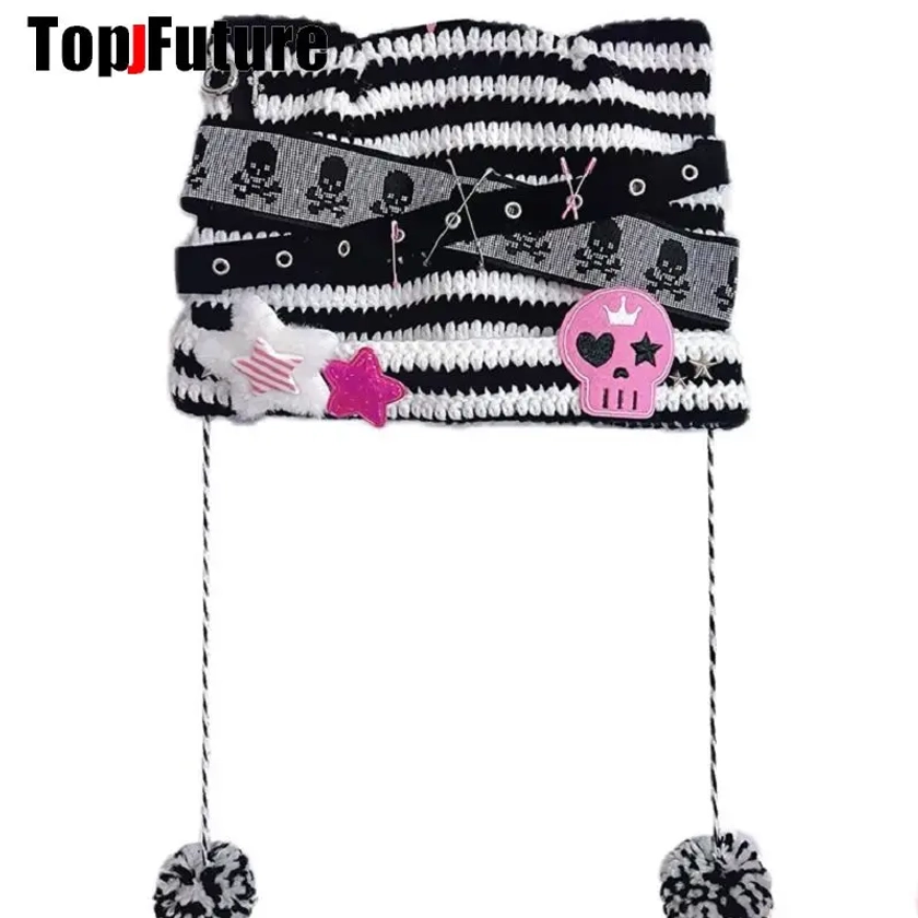 Mulheres e Meninas Gothic Lolita Cat Ear Beanie Hat, Streetwear Cap, Steampunk, Y2K, Harajuku, Acessórios Estrela, Inverno