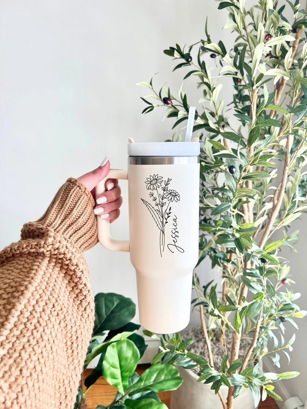 Personalized Birth Flower 40oz Tumbler With Name, Custom 40oz Tumbler with Handle &Straw, Bridesmaid Proposal, Birthday Gift, Stanley Gift