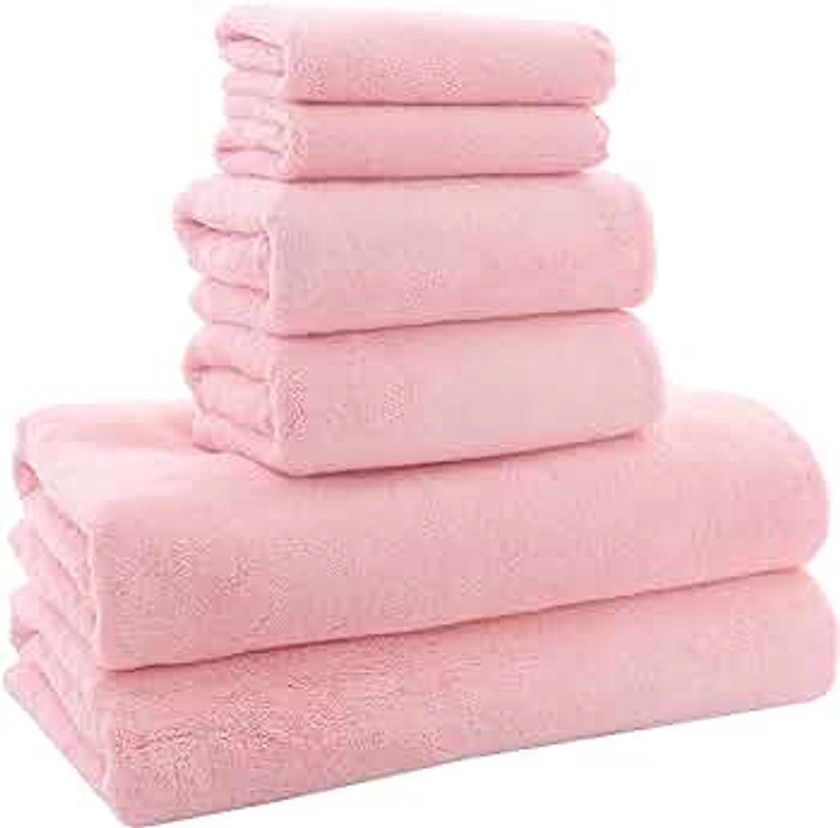 MOONQUEEN Ultra Soft Towel Set - Quick Drying - 2 Bath Towels 2 Hand Towels 2 Washcloths - Microfiber Coral Velvet Highly Absorbent Towel for Fitness, Bathroom, Sports, Yoga, Travel (Pink, 6 Pcs)