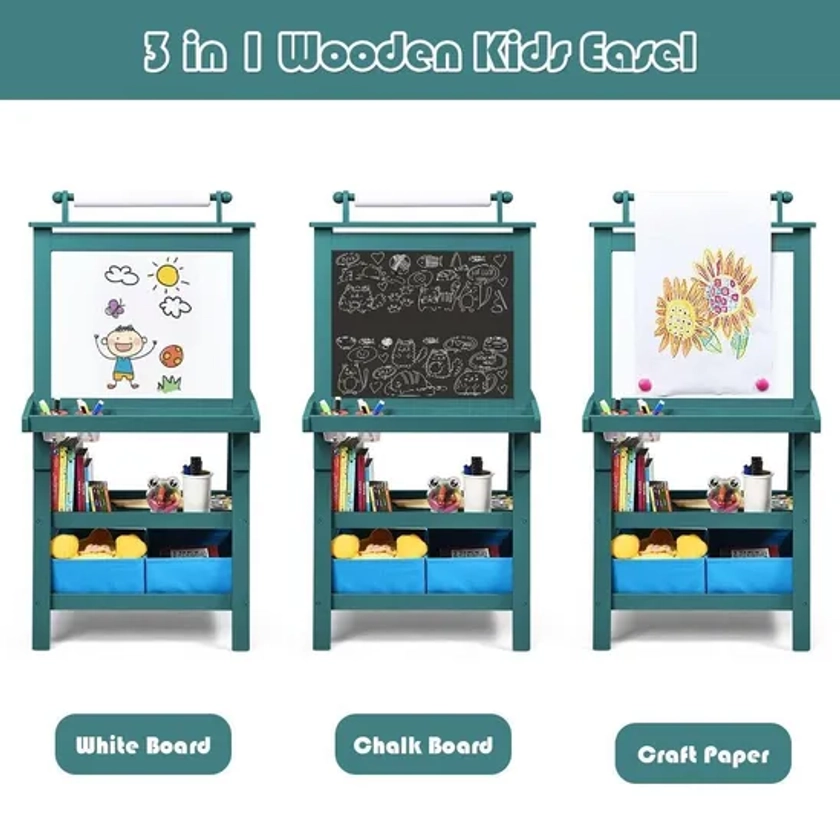 Playsets | 3 in 1 Art Easel Double Sided Storage Easel w/ Whiteboard Chalkboard | Costway