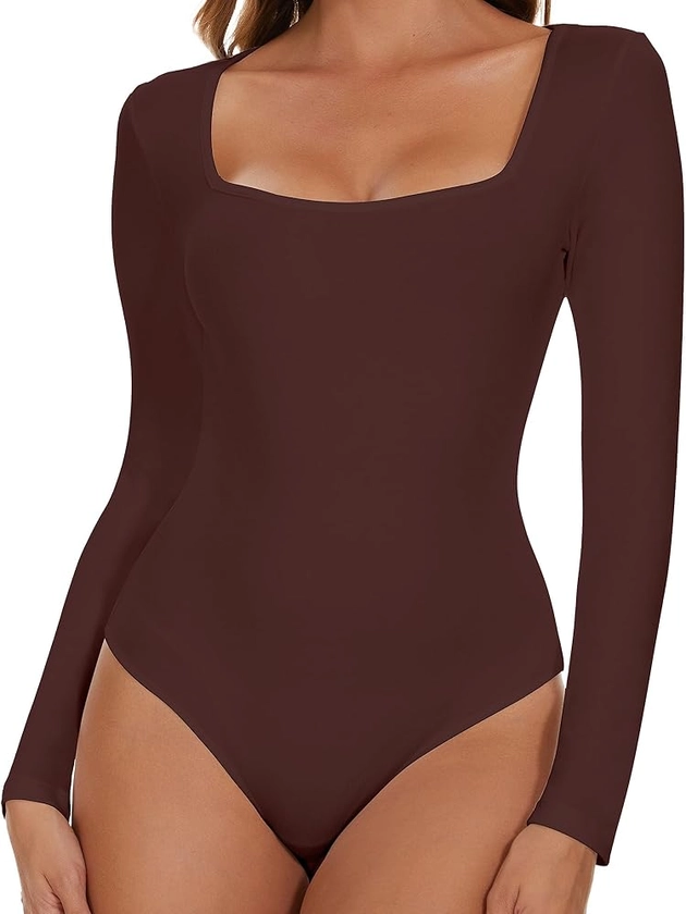 SHAPERIN Body à Manches Longues Femme Élégant Col Carré Justaucorps Bodysuit Long Sleeve Square Neck Jumpsuit Tops Marron S : Amazon.fr: Mode