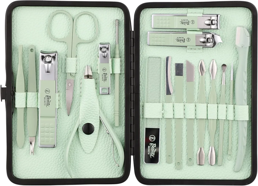 Beauté Secrets Luxury Nail Cutter Set, 18 Pieces Grooming Kit (Eyebrow Razor, Tweezer, Hair Plucker, Baby Nail Cutter, Ear Cleaner,Nail Cleaner,) Pedicure Gift for Men and Women (Green) : Amazon.in: Beauty