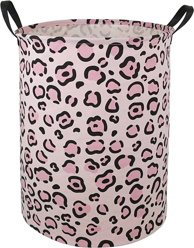 19.7 Inches Large Laundry Basket Waterproof Round Cotton Linen Collapsible Storage bin with Handles for Hamper Kids Room,Toy Storage(Leopard print)