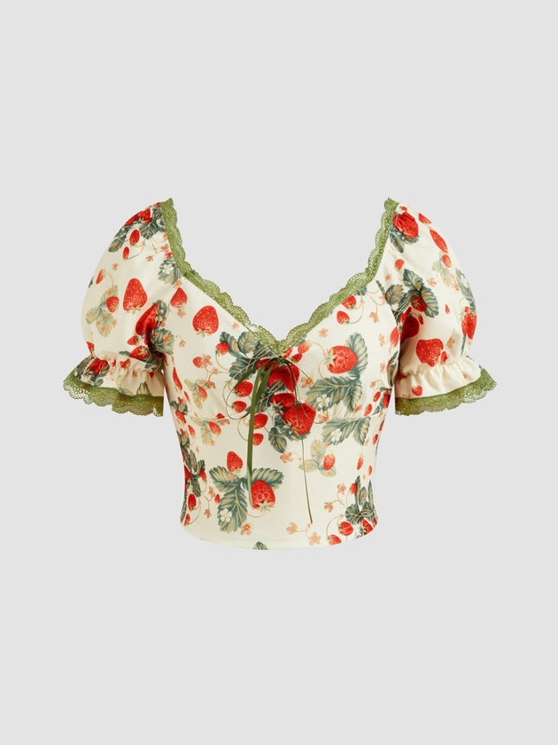 Blouse courte à manches courtes avec graphique de fraise et liseré contrastant Sweetheart