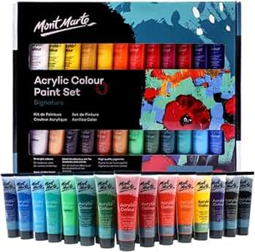 Mont Marte Acrylic Paint Set 24 Colours 36ml, Perfect for Canvas, Wood, Fabric, Leather, Cardboard, Paper, MDF and Crafts