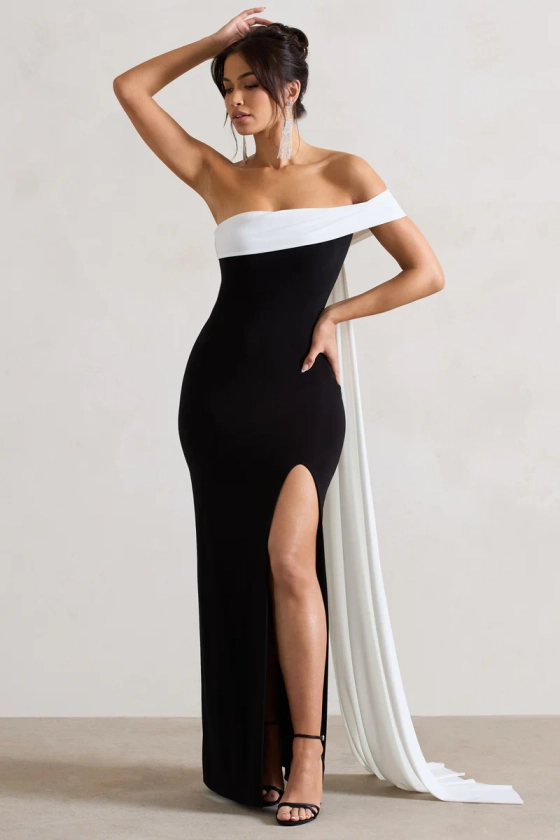 Legacy | Black & White Bardot Split Maxi Dress With Drape