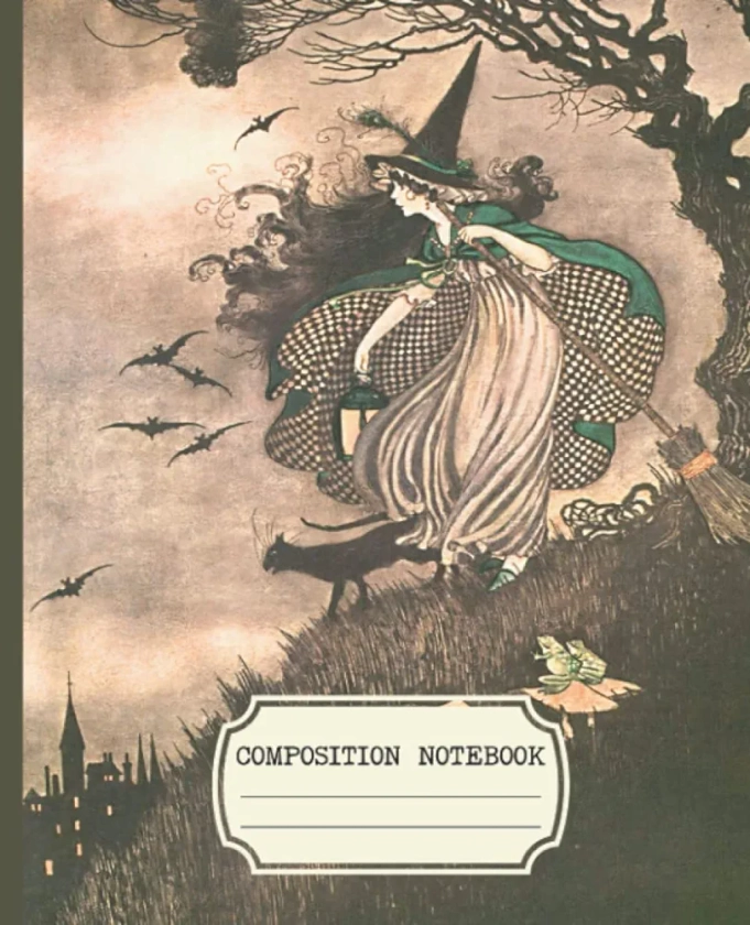 Composition Notebook: Vintage Aesthetic College Ruled With Witch And Black Cat Cover Design
