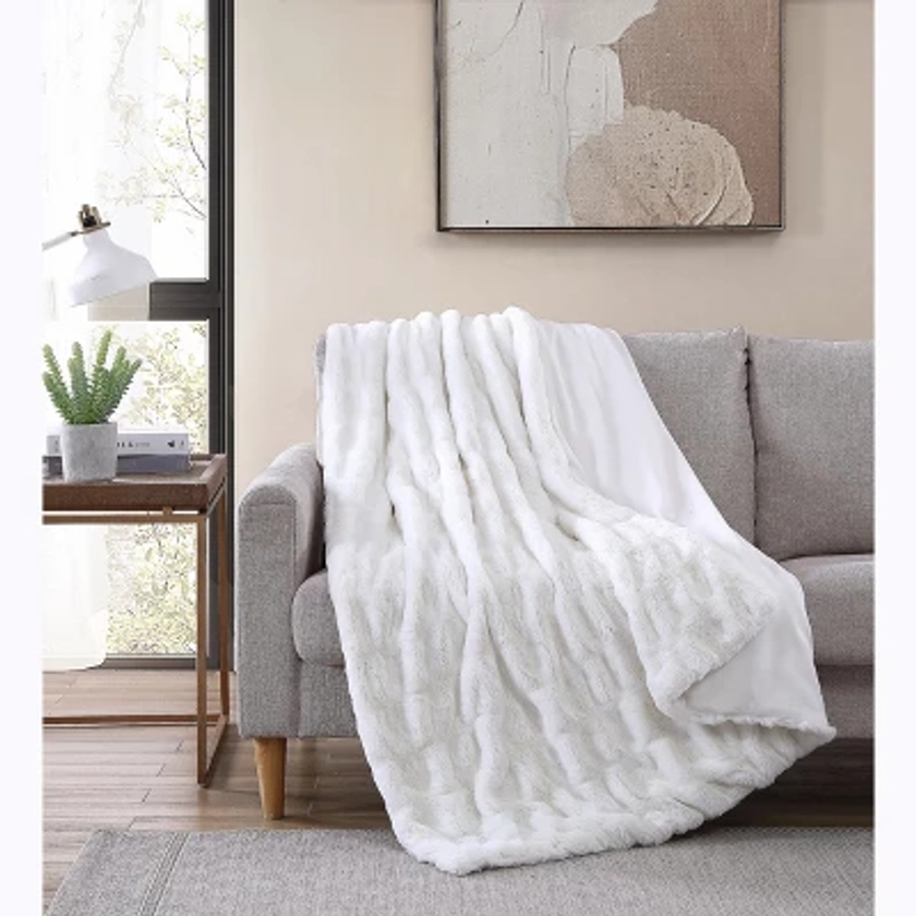 Kate Aurora Ultra Soft & Premium Plush Oversized Faux Rabbit Fur Accent Throw Blanket - 50 in. W x 70 in. L - White