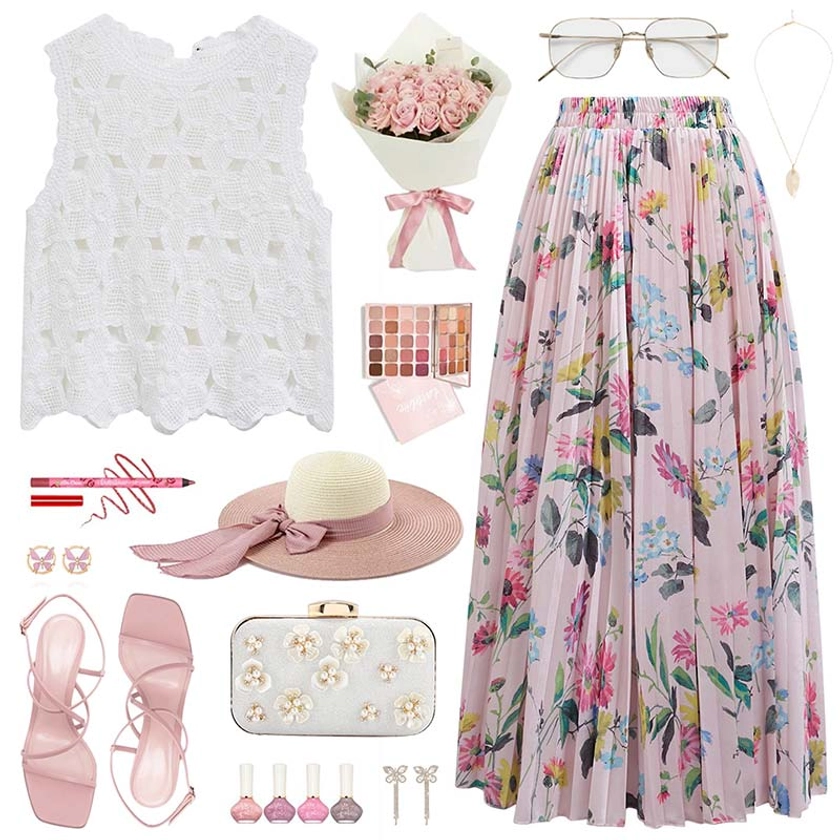 Vivid Floral Print Pleated Maxi Skirt in Pink