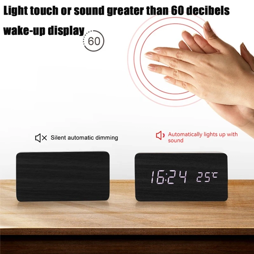 Wooden Square LED Smart Alarm Clocks for Bedrooms, Digital Bedside Clock with Temperature, Voice Control, Desktop Clock