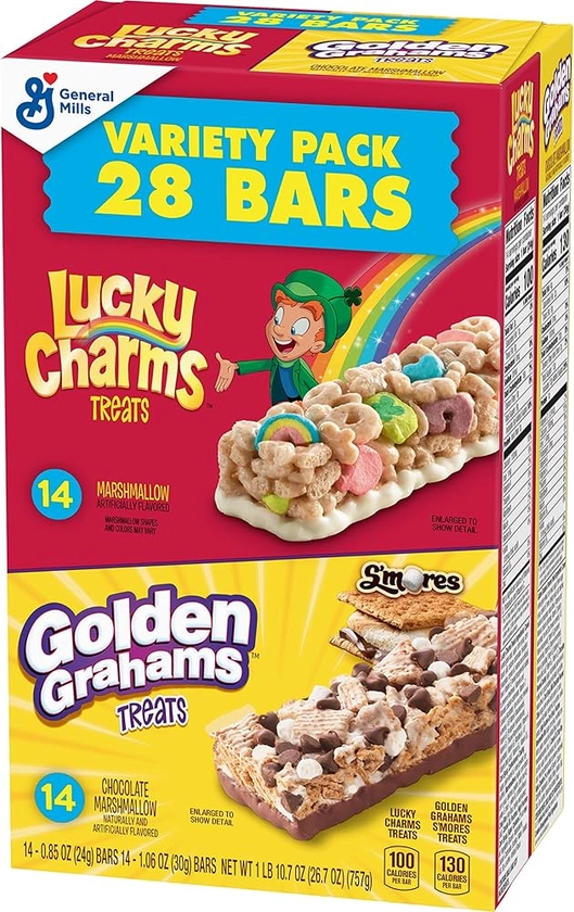 Golden Grahams Lucky Charms Breakfast Cereal Treat Bars Variety Pack, Kids Snacks, 28 ct