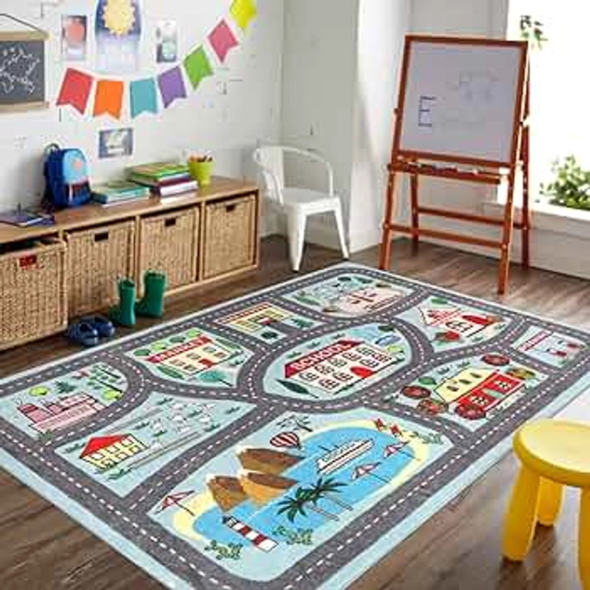 LIVEBOX Large Playroom Rug 5'x7' Kids Play Mat for Classroom, Road Traffic Carpet for Boys Girls Playing Cars Toys, City Life Nursery Car Rug for Toddlers Bedroom Kids Room