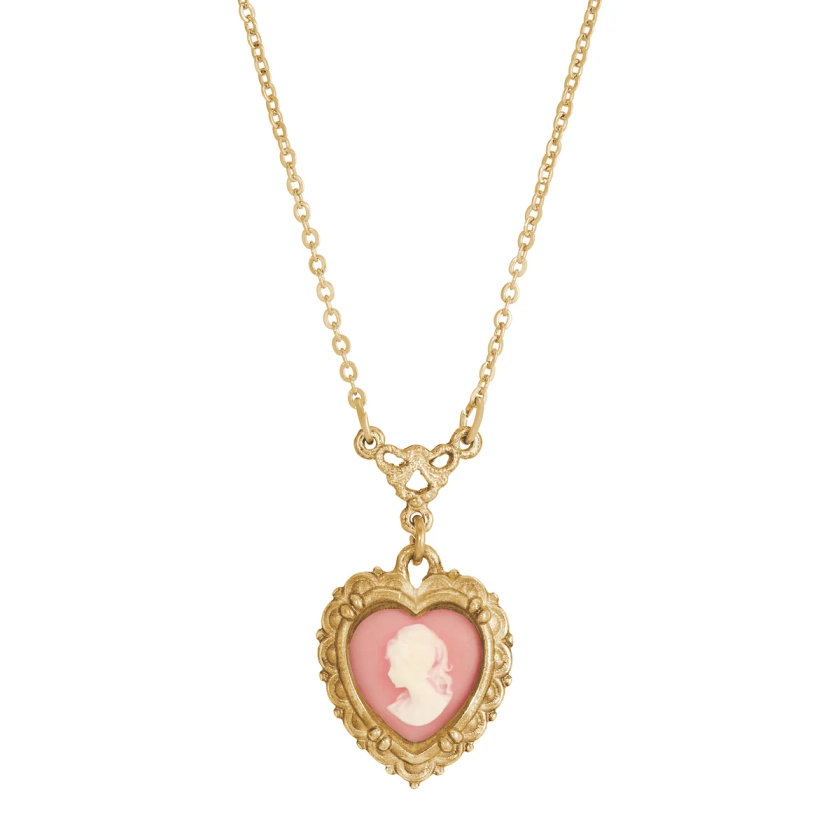 1928 Jewelry Pink Heart Cameo Pendant Necklace 16" + 3" Extender