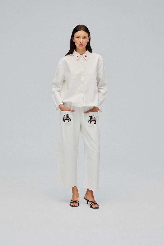 White Cotton Pants | Artisanal Embroidery | SLEEPER