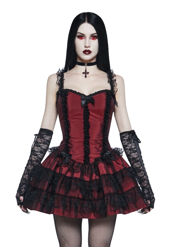 Widow Vampire Goth Taffeta Tulle Lace Tiered Lace-Up Bow Mini Dress - Black