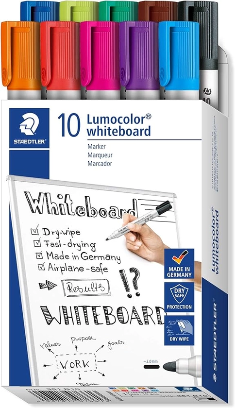 STAEDTLER 351 B10 Lumocolor Whiteboard Marker Bullet Tip, 2.0mm Line Width - Assorted Colours (Box of 10) : Amazon.co.uk: Stationery & Office Supplies
